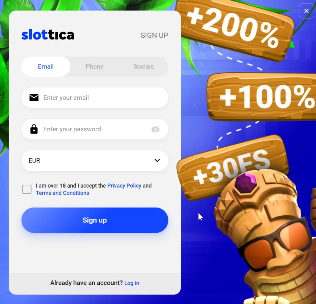 How to register the account at Slottica Casino step 2