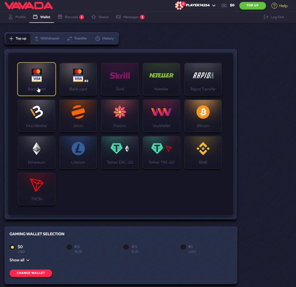 Deposit method Vavada Casino